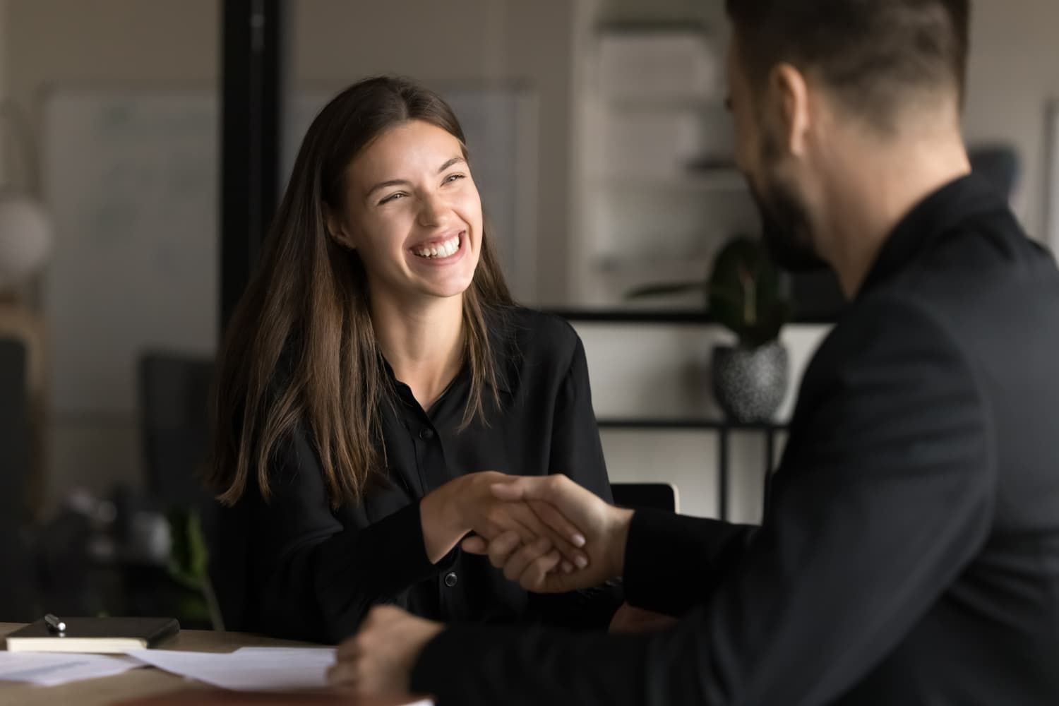 Happy business customer shaking hands